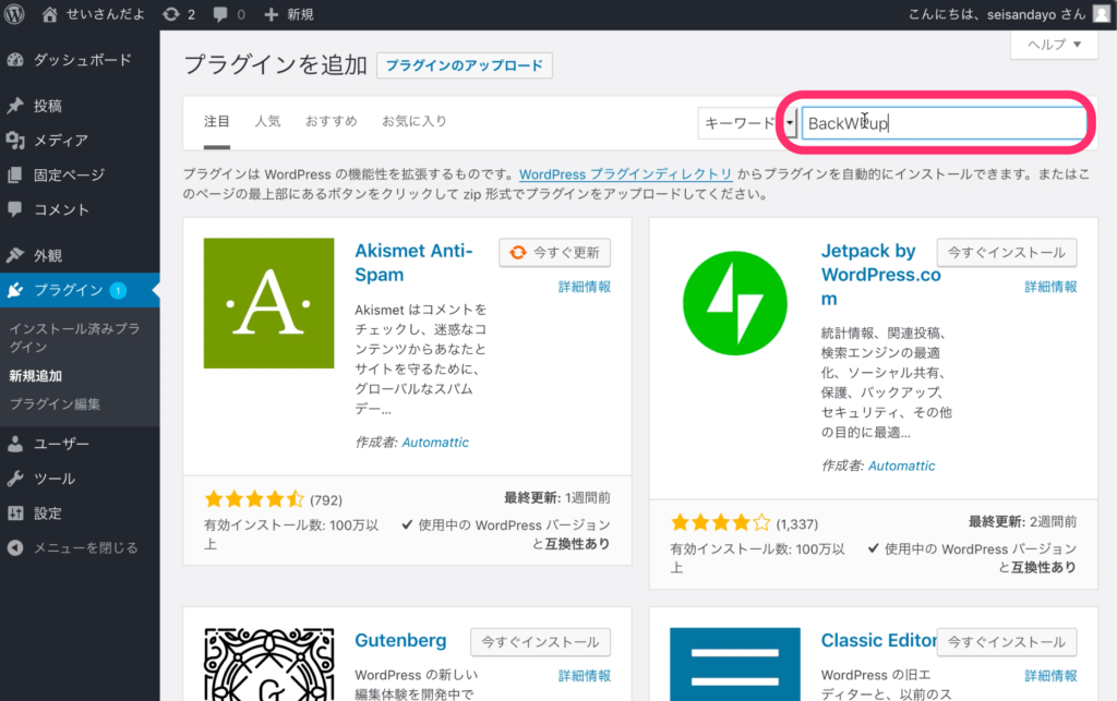 「BackWPup」と入力