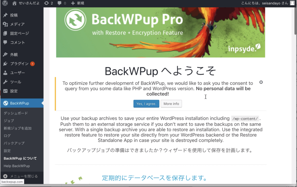 BackWPupへようこそと出てきたら完了