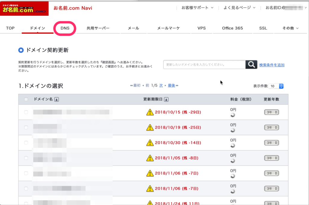 「DNS」をクリック
