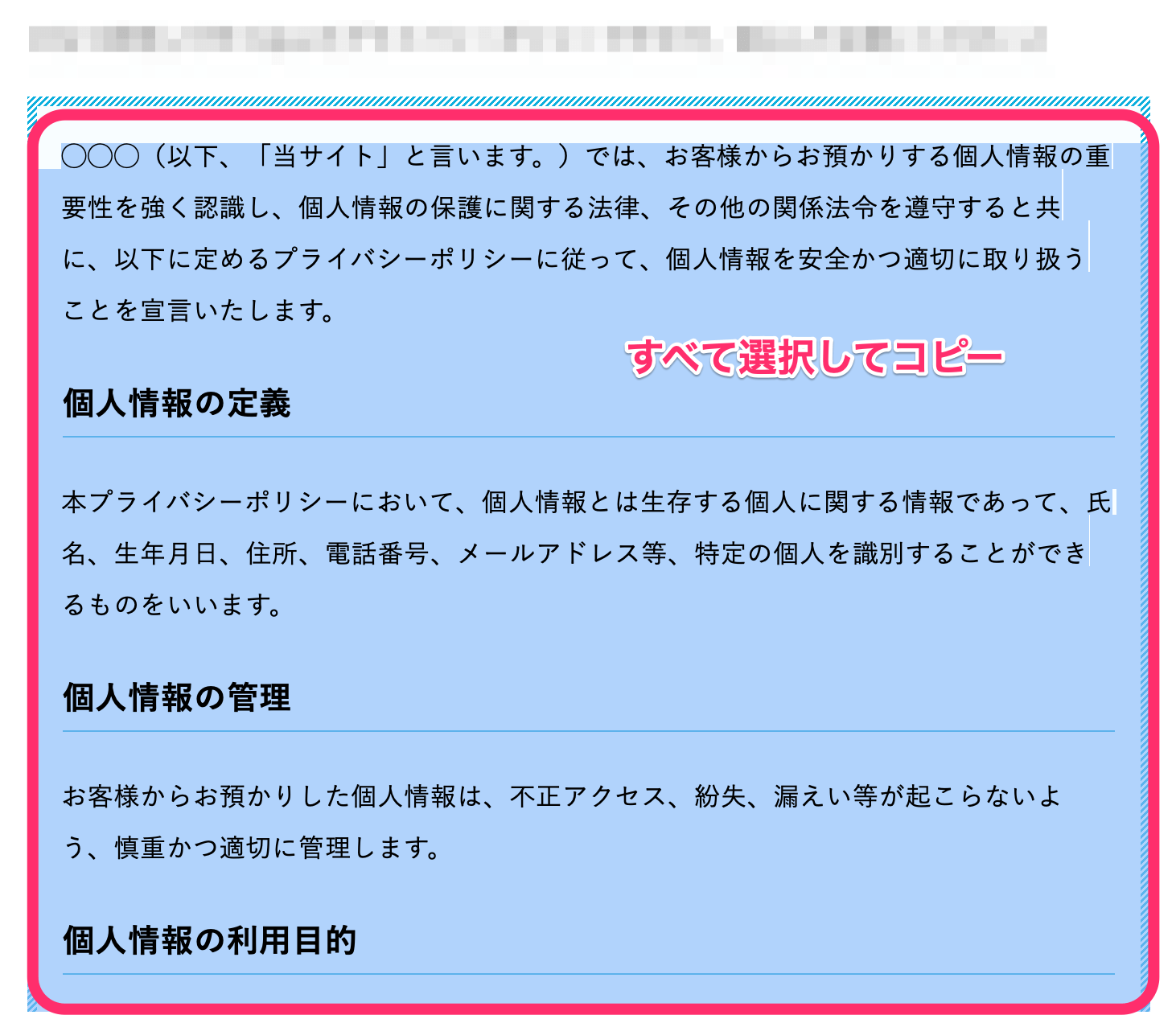 プライバシーポリシーの部分をすべて選択してコピー